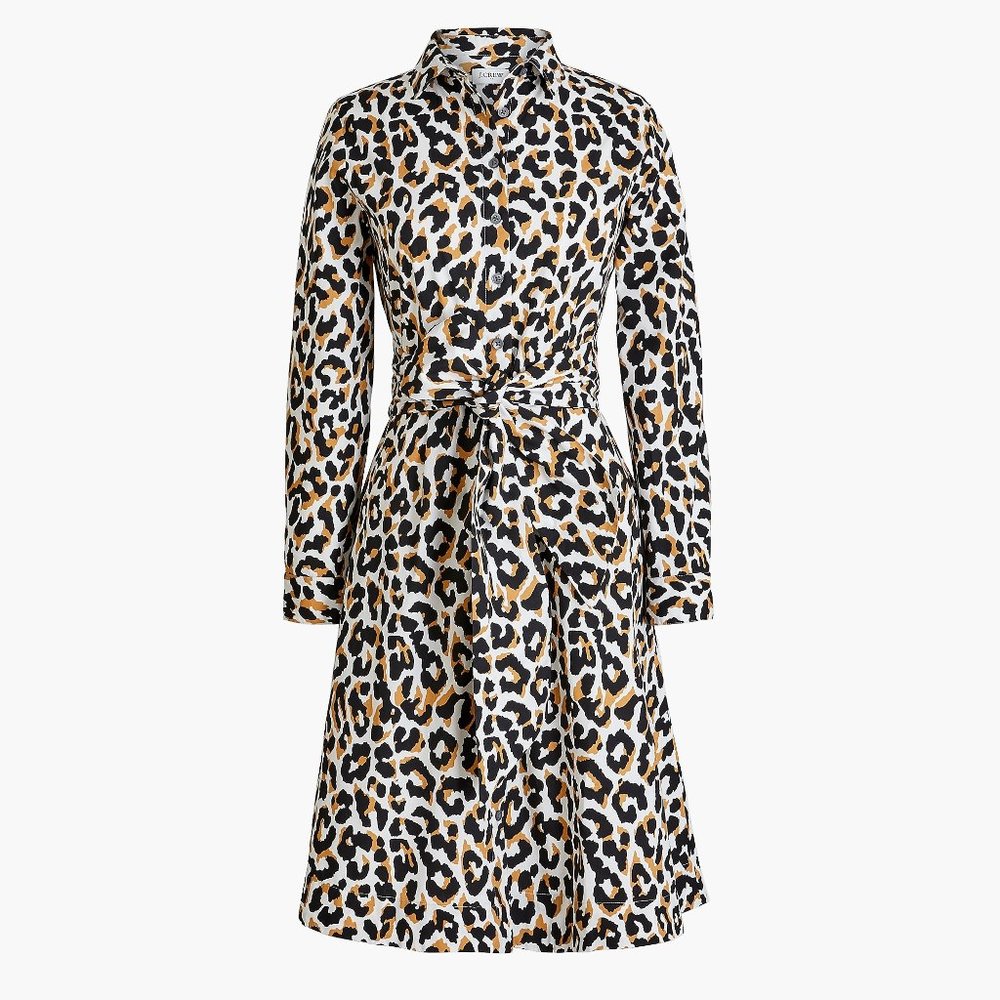 Leopard tie-waist shirt dress in cotton poplin